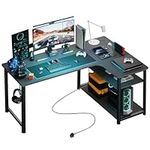 COMHOMA Gaming Desk Corner L Shaped Desk with Power Outlet and Headphone Hook 110x80 Computer Office Desk with Storage Shelves PC Writing Table for Home Office Bedroom Black