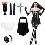 Tbczvx 6 Pcs Nun Costumes for Women, Halloween Nun Costume, Nun Outfit Accessories Nun Headpiece Collar Cross Pendant Gloves Knee Thigh High Socks for Halloween Women Girls Fancy Dress Up