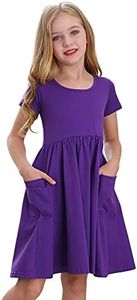 Stelle Toddler/Girls Knee-Length Short Sleeve Casual A-Line Twirly Skater Dress (A19-Purple (with Pocket), 10 Years)
