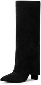 Modatope Black Suede Shark Boots for Women Fold Over Knee High Boots Chunky Heel Tall Boots Pointed Toe Long Boots Size 6