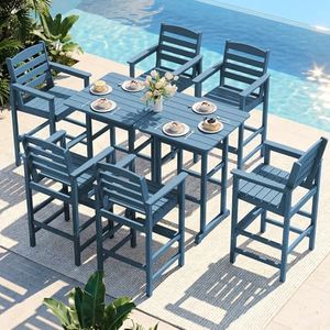 SERWALL 8 Pcs HDPE Bar Height Adirondack Chairs and Bar Table Set, Blue