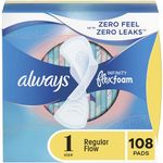 Always, Infinity With FlexFoam Pads For Women, Size 1, Regular Absorbency With Wings, 108 Total Count (3 Packs of 36 Count)