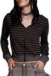 Verdusa Women's Punk Rock Striped Print Zip Up Cropped Hoodie Sweatshirt Shirt Y2K Top Multicolor M