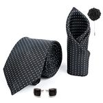 Axlon Mens Plaid Dotted Silk Necktie Gift Set With Pocket Square Cufflinks & Brooch Pin Tie For Men Formal With Leatherite Box (Black D1BKRX Free Size)