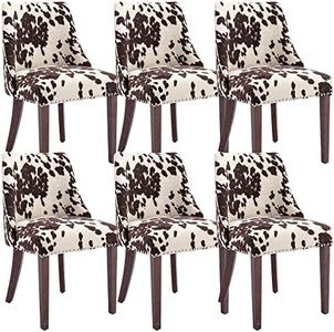 DM Furniture Mid Century Modern Dining Chairs Set of 6 Upholstered Velvet Accent Chairs Wooden Side Chair for Living Room/Dining Room/Bedroom, Cowhide Print