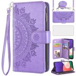 Asuwish Phone Case for Samsung Galaxy A22 5G Wallet Flip Cover with Tempered Glass Screen Protector and Mandala Flower Leather Card Holder Stand Cell Accessories A 22 22A A22s G5 Women Girls Purple