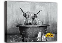 Highland Cow Wall Art Funny Bathroom Decor Cow in Bathtub Picture Animal Black and White Canvas Print Longhorn Farmhouse Wall Decor Stretched and Framed Ready to Hang 12x16inch