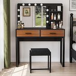 Semiocthome Vanity Desk with Mirror and 10 LED Lights, 39.4"W Makeup Desk with 2 Big Drawers and Side Shelves for Storage, Girl's Dressing Table with Metal Frame, Corner Makeup Table with Chair- Brown