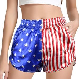 PESION American Flag Short Women 4th of July Shorts Metallic Shiny USA Patriotic Pants, American Flag, XX-Large