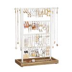 SONGMICS Jewellery Stand, 4-Tier Earring Holder Stand with Tray, Jewellery Orgniser, Wood Base, for Studs Necklaces, Vintage, Wood Color and White JJS019W01