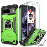 Case for Google Pixel 8, Pixel 8 Case with 3 Pcs Tempered Glass Screen Protector, Built in Magnetic Ring Kickstand Military-Grade Hard PC TPU Hybrid Shockproof Case for Google Pixel 8 6.2" - Green