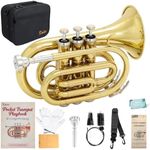Kmise Bb Portable Pocket Trumpet, Premium Brass Mini Trumpets for Students Beginners, Trumpet Instrument Set with Sturdy Case, 7C Mouthpiece, Beginner's Guide Kit, and Cleaning Kit (Gold Lacquer)
