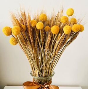 100pcs Dried Wheat Stalks for Decor & 15 Stems Yellow Billy Balls Buttons, Dried Flowers Bouquet, Wheat Grass Decor, Corn Stalks Decoration, Fake Wheat Decor, Fall Floral Decor
