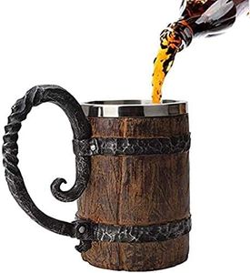 XKONG Handmade Beer Mug，Barrel Mug，Wooden Barrel Beer Mug，550ml Resin Simulation Wooden Barrel Double Layer Beer Stein Mug Beer Tankard Drinking Cup Drinkware for Party/Home/Bar