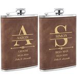 Wedding Flasks for Groomsmen Set of 2, Personalized Groomsmen Gift, Customized Engraved Liquor Whiskey 304 Steel Stainless Flask for Best Man Groom Father of Bride, Brown