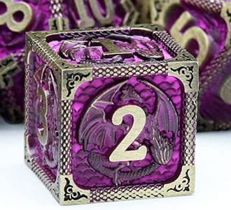 Haxtec DND Dice Set Metal D&D Dice Set with Leather Dice Bag Antique Bronze Purple Metal Polyhedral Dice for Dungeons and Dragons TTRPG Gifts