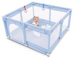 Kidoola Baby Playpen with Padded Frame & Mesh Walls, Balls & Pull Rings Included, for Indoor & Outdoor Use, Toddler Fence - Breathable Mesh, Extra Large Play Yard for Babies (127x127x65cm) (Blue)