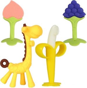 Haili XMGQ Baby Teething Toys 3-6 Months, Silicone Baby Teether Freezer BPA Free, Babies Teething Relief Sore Gums, Banana Finger Toothbrush, Fruit Shape Giraffe Teether for Infant Boys and Girls