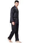Lonxu Pajamas Set Mens Silk Satin Pajamas Long Sleeve Loungewear Two-Piece Sleepwear Button-Down Pj Set S-XXXXL, Black, Large