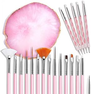 21 Pcs Nail Art Brushes Nail Art Tool Set Resin Palette Nail Art Painting Mixed Color 2 Way Acrylic Silicone Carving Pen Dotting Pen Tool Manicure Kit DIY Makeup Display Board for Home Salon, Pink