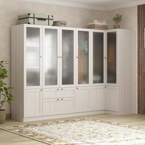 Homsee Extra Large L-Shape Armoire Wardrobe Closet with 6 Frosted Glass Doors, Hanging Bars, Shelves & Drawers, 98.4" L Wooden Closet Storage Cabinet for Bedroom, Warm Grey