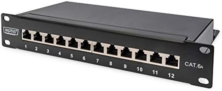 DIGITUS Cat 6A Patch Panel - 12 Ports - RJ45 Jacks - 10-inch Rack Mount 1 Rack Unit - LSA Distribution Field - Shielded - Black