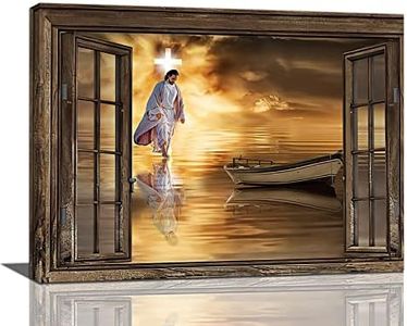 Bulldog Leather Works Jesus Decor Canvas Wall Art, Abstract Christ Cross Artwork Portrait Poster God Walking On Water Inspirational Painting Modern Home Decorations Framed Ready Hang 12x16inch