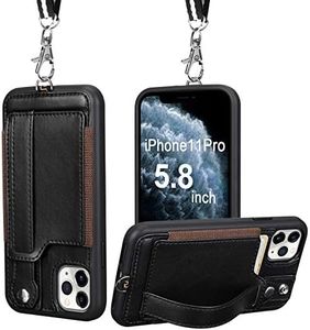 TOOVREN iPhone 11 Pro Case, iPhone 11 Pro Wallet Lanyard Neck Strap with Kickstand Leather Card Holder Adjustable Detachable Necklace, Phone Protective Back Cover for iPhone 11 Pro 5.8" 2019 Black