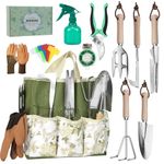 DEWINNER Garden Tools Set, 11 Pieces Gardening Tools, Stainless Steel Garden Hand Tools with Garden Tool Bags and Box, Weeding Tools with Wooden Handles for Planting, Ideal Garden Gifts for Women