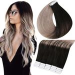 Full Shine Invisible Tape in Hair Extensions Human Hair 14 Inch Balayage Tape in Extensions Color 1B Off Black Fading to 18 Ash Blonde 20 Pcs Seamless Double Sided Tape in Human Hair Extensions 50G