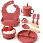 TOVIXY Silicone Suction Plates Solid for Baby&Toddler|Large Crumb Pouch|Suction Bowl,Cup,Fork,and Spoon Cutlery Set|Easy Wipe Clean|Baby Feeding Sets for Babies and Toddlers (8 Pcs),Pink