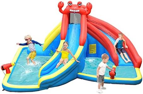 COSTWAY Inflatable Water Slide, Kids Bounce House with Climbing Wall, Splash Pool & Water Cannon, Outdoor Summer Blow Up Activity Center for Kids (Crab)