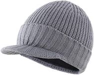 Home Prefer Men's Outdoor Newsboy Hat Winter Warm Thick Knit Beanie Cap with Visor, Light Gray