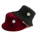 REFFER Unisex Cotton Reversible Double Sided Wear Embroidered Packable Bucket Hat for Women Summer hat Beach hat (Reversible_Maroon_Black_Daisy_HAT)