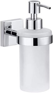 tesa EKKRO Soap Dispenser Set, Satin Glass and Chrome-Plated Stainless Steel, Liquid Soap Dispenser for Wall Mounting, No Drilling, Includes Adhesive Solution, 70 mm x 170 mm x 125 mm