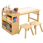 Bateso Kids Art Table and 2 Chairs, Craft Table with Large Storage Shelves, Drawing Desk, Kids Activity Table and Study Table, Activity & Crafts with Roll Paper for Children Wooden Furniture