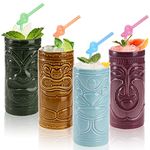 Cedilis 4 Pack Ceramic Tiki Mug, 10oz Tiki Drinking Cups, Exotic Zombie Cocktail Glasses, Tumblers Mai Tai glass, Tiki Bar Professional Hawaiian halloween Party Barware