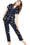 ZEYO Night Suit for Women's Navy Blue Printed Cotton Night Dress of Shirt and Pajama Set 5751