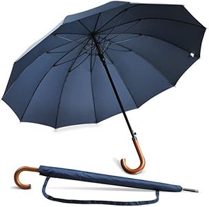 NINEMAX Grand Parapluie Canne Resistant au Vent,Parapluies Homme Femme Anti Tempete,12 os Ombrelle avec PoignéE en Bois(Bleu Marine)
