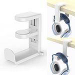 Headphone Stand Holder with Cable Clip,Klearlook 360 Degree Swivel Adjustable Springed Clamp Headset Desk Hook,Universal Adjustable Headphone Hanger Earphone Clip Gaming Headset Mount Display-White