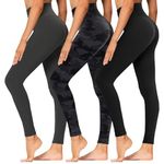 High Waisted Leggings for Women - Soft Athletic Tummy Control Pants for Running Cycling Yoga Workout, Pockets-3 Pack Black, Heather Grey, Black Print, Large-X-Large