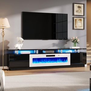 AMERLIFE 90" 2 Tier Fireplace TV Stand with 50" Fireplace, Modern Large Entertainment Center LED Lights, Media Console Table Storage Cabinet for TVs Up to 100", Living Room, Black & White