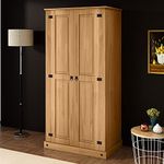 Panana Elegant Solid Pine Wooden 2 Door Corona Wardrobe Smooth Flat Top Bedroom Wardrobe with Decorative Nail Clothes Storage Cupboards Bedroom Furniture