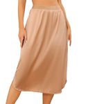 Wikoan Women's Half Slips Lace Long Satin Underskirts for Dresses Soft Silk Slit Petticoat Slips Dress,Dark Champagne,S