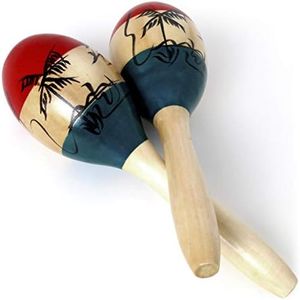 iGadgitz Xtra U7130 Pair of Adult Full Size Painted Elm Wood Maracas - Wood Colour, Green, Red and Black Motif