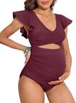 Charmo Maternity One Piece Swimsuit Ribbed Ruffled Tie Back Swimwear Ruched Cut Out Twist Pregnancy Bathing Suit Burgundy M