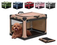 Petsfit Soft Sided Dog Kennel, Adjustable Fabric Cover by Spiral Iron Pipe, Chew Proof 3 Door Design, Portable Collapsible Dog Crate 66 cm L x 49 cm W x 46 cm H Khaki