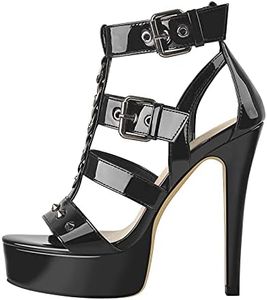 Only maker Sandales à plateforme pour femme avec barrette en T - Talons hauts avec rivets - Aspect laqué - Noir, Noir métallisé., 41 EU