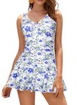 SHEKINI Women's V Neck One Piece Skirt Swimsuit Ruched Retro Swimdress Bathing Suit(White Blue Flower,Medium)