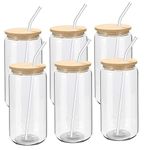 6 Pack Beer Can Glass with Bamboo Lids and Glass Straws 16oz Beer Can Shaped Drinking Glasses Cups, Glass Tumbler Reusable Cute Cups for Whiskey, Iced Coffee, Tea, Soda, Cocktail, Gift, Clear